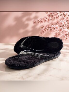 UGG Black Plush Flip-Flop Slippers
